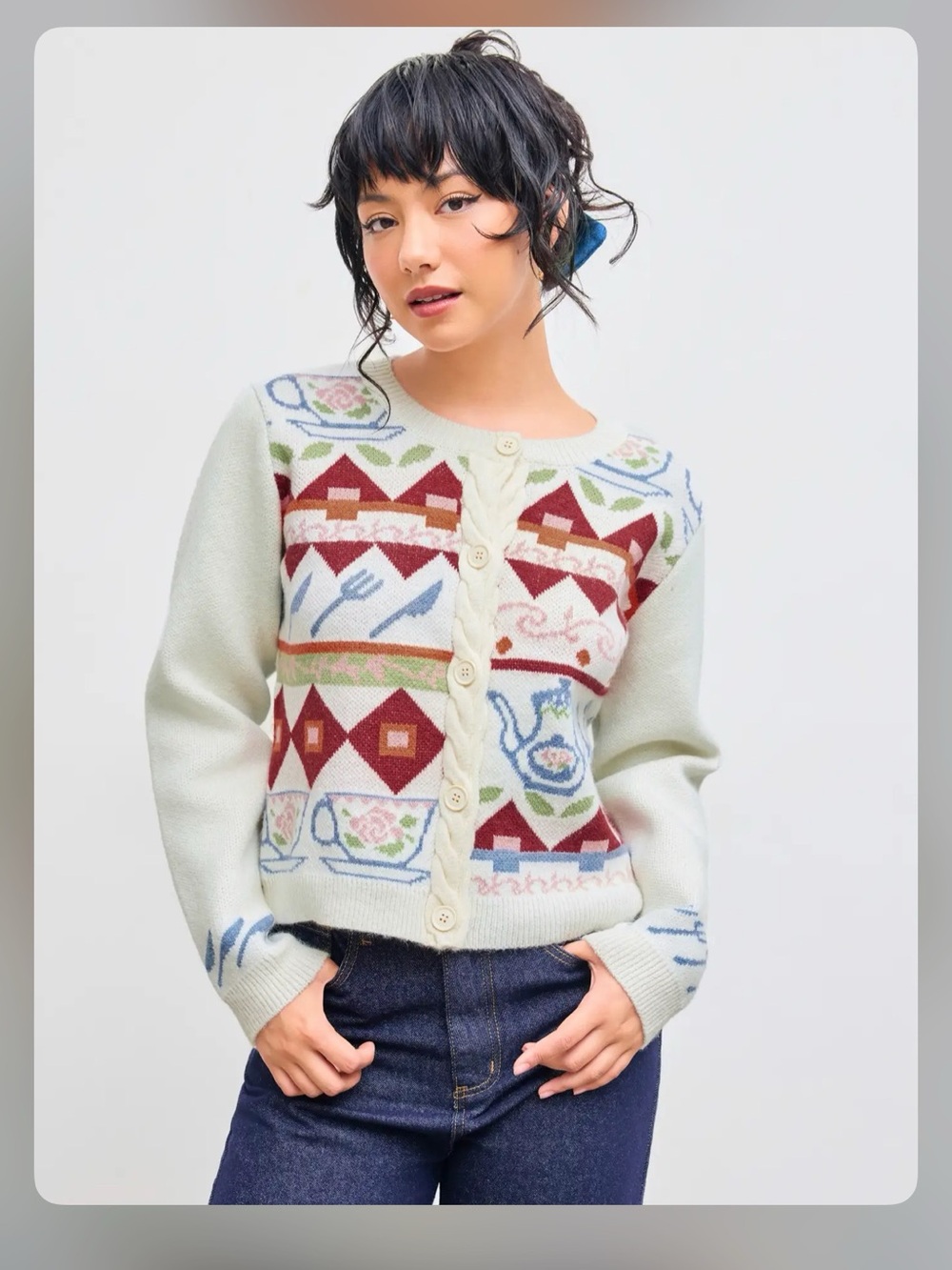 Cider CABLE KNIT ROUND NECKLINE GEOMETRIC CARDIGAN S WC19-4